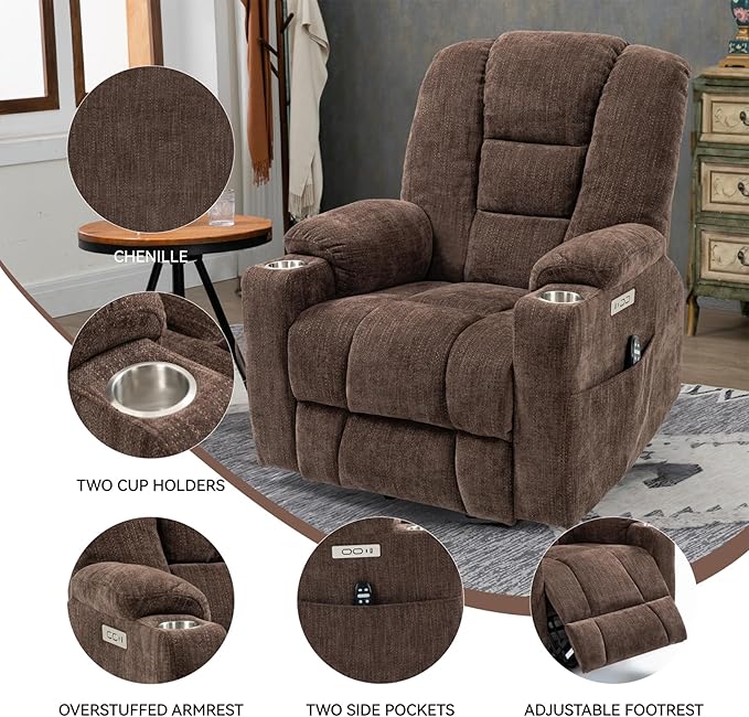 Large Power Lift Recliner Chair for Eldery, Overstuffed Wide Recliners with Massage and Heat, Electric Living Room Chairs with USB Charge Port, 2 Cup Holders, Brown