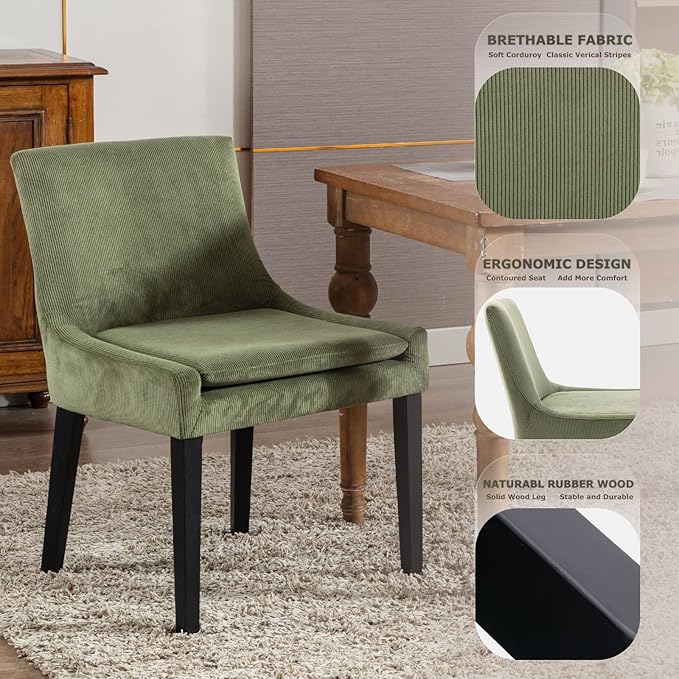 COLAMY Modern Dining Chairs Set of 4, Upholstered Corduroy Accent Side Chairs with Mid Back and Wood Legs for Living Room/Dining Room- Light Green