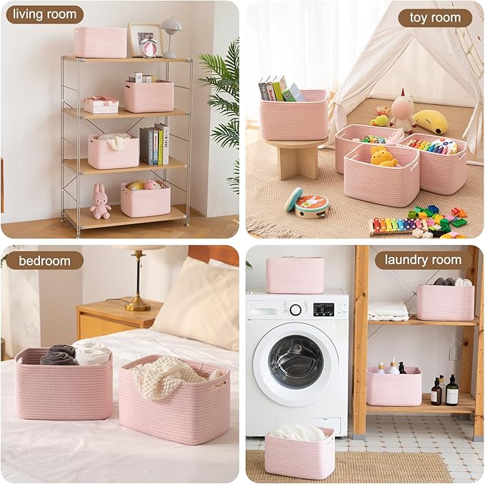 Storage Baskets for Organizing, Woven Decorative Baskets for Shelves - Books, Towels, and Clothes, Cotton Rope Toy Storage Bins, 12.7''Lx9''Wx7.8''H, Pack of 4, Pink