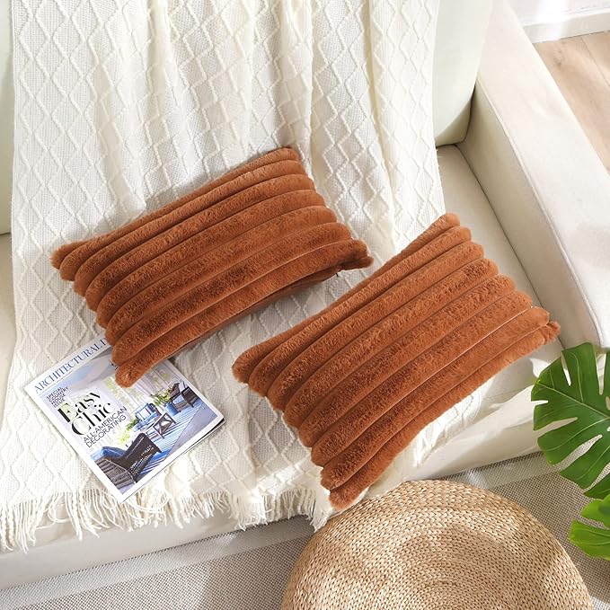 FUTEI Brown Striped Decorative Throw Pillow Covers 12x20 Inch Set of 2,Rectangle Fall Decorations Couch Lumbar Pillowcase,Soft Cozy Faux Rabbit Fur & Velvet Back,Modern Home Decor for Bed