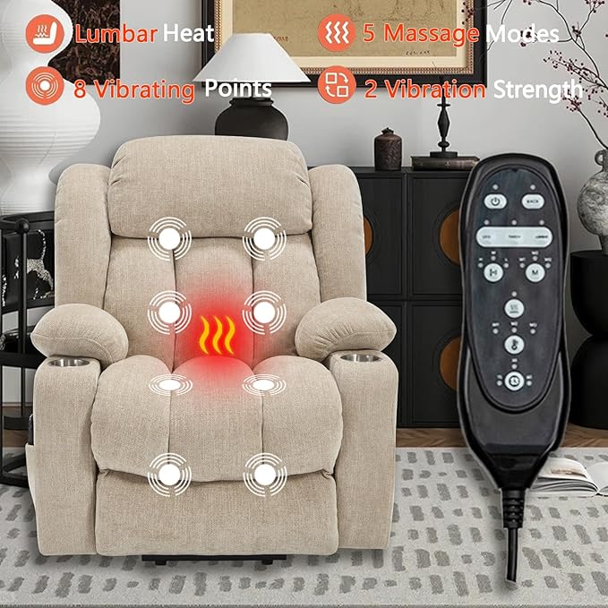 Power Lift Recliner Chair, 350lb Capacity with 8-Point Massage & Heating, USB/Type-C Ports & Cup Holders, Heavy Duty Chenille Recliner for Elderly, Beige