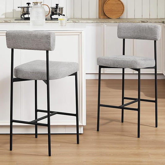 Counter Height Bar Stools Set of 2, Modern Upholstered Bar Stools with Back, Linen Counter Height Chairs with Metal Legs and Padded Cushion for Kitchen Island, Home Pub and Bars, Gray