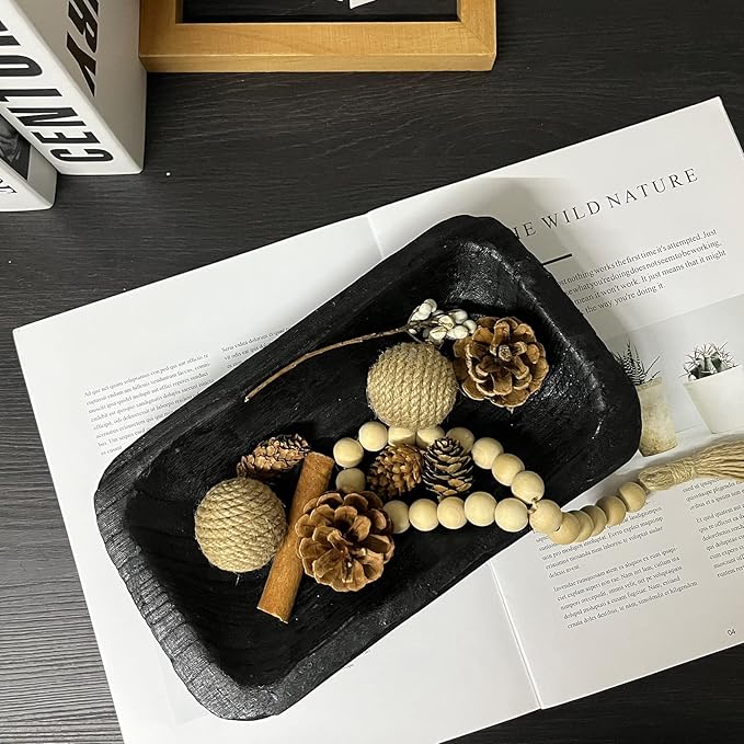 Wooden Dough Bowl Decor, Vintage Wooden Bowl Hand Carved Home Decor for Dining Table Center, Living Room, Kitchen Decor. (10inch black)