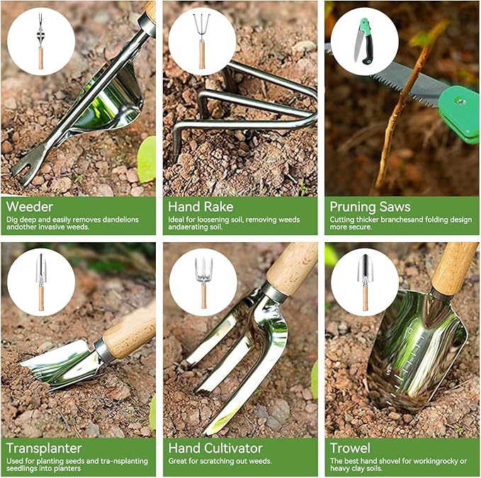 Gardening Tools 13 PCS Stainless Steel Heavy Duty Garden Tool Set with Storage Tote Bag, Knee Pads, Squirt Bottle and Gloves, Gardening Hand Tool Gifts Kit for Women Men