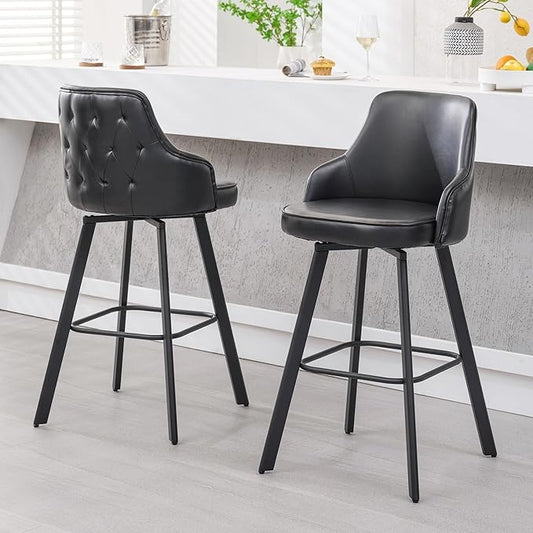 Bar Stools Set of 2, 30" Swivel Bar Height Bar Stools with High Back, Faux Leather Kitchen Bar Chairs for Kitchen Island (Black, 2PCS 30" Bar Stools)
