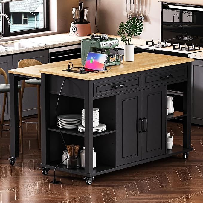 Merax Rolling Kitchen Island on Wheels with Extendable Dining Table & Power Outlet, Wood Kitchen Cart on Wheels with Internal Storage Rack,2 Drawers & 2 Cabinets, 47" Wide Black