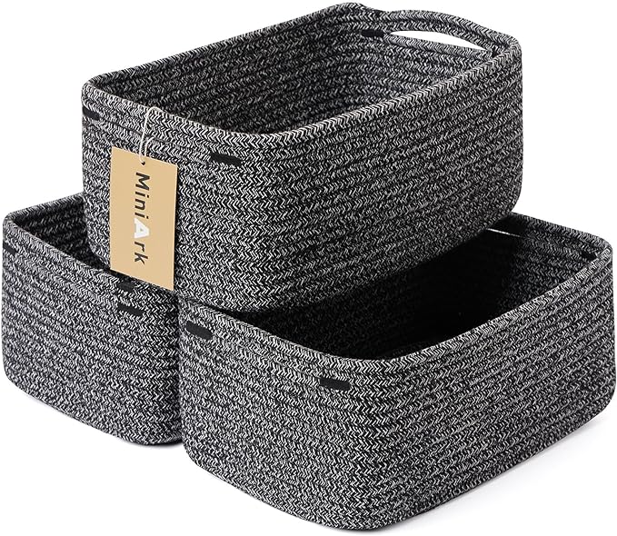 Small Storage Baskets for Organizing | Closet Organizer Bins | Shelf Toy Basket | Woven Rope Baskets | Cube Decorative Box | Shallow Basket | 13x8.5x5.1” | 3 Packs Dark Gray
