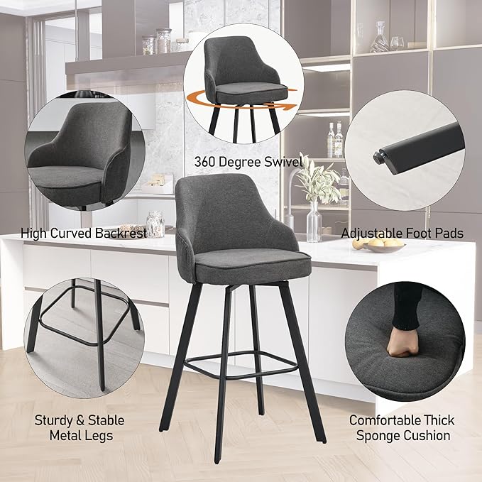 Bar Stools Set of 3, 30" Swivel Bar Height Barstools with High Back, Linen Kitchen Bar Stool Bar Height for Kitchen Island (Dark Grey, 3PCS 30" Bar Stools)