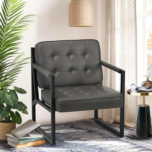 COLAMY Modern Accent Chair, Accent Arm Chair for Living Room, Comfy Leather Armchair with Metal Legs for Bedroom Reception Waiting Room, Grey