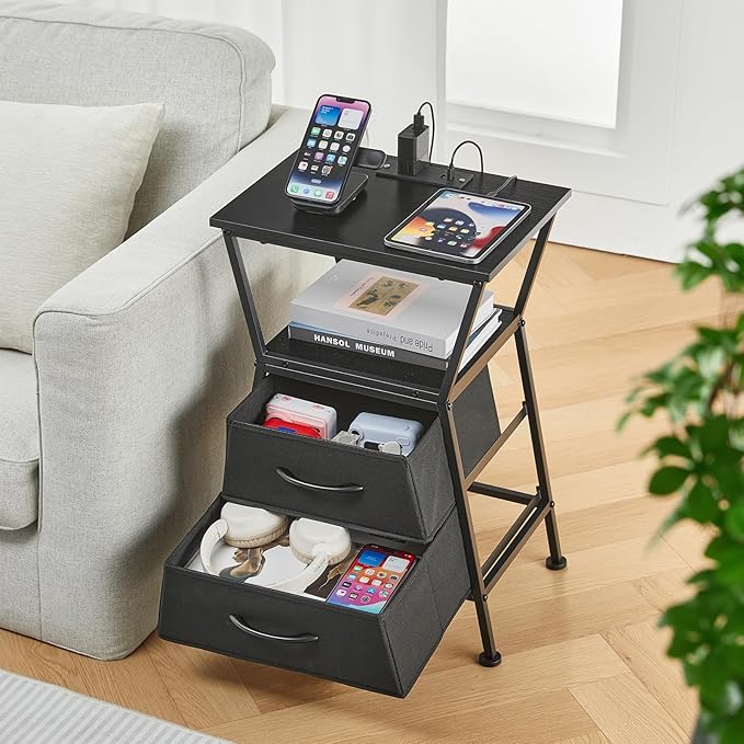 Nightstand with Charging Station, Side Tables for Bedroom with Built-in USB Side Table with 2 USB Ports and Outlets Nightstand with Cloth Drawer End Tables Living Room Sofa Couch
