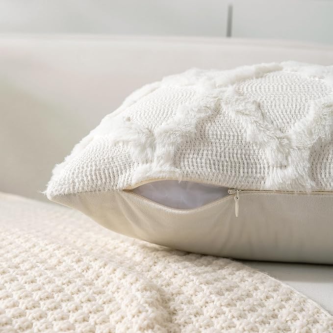 Set of 2 Soft Moroccan Throw Pillow Covers 20x20 Inch Plush Boho Decorative Pillow Cover Accent Cushion Case for Couch Sofa Bed, Cream White