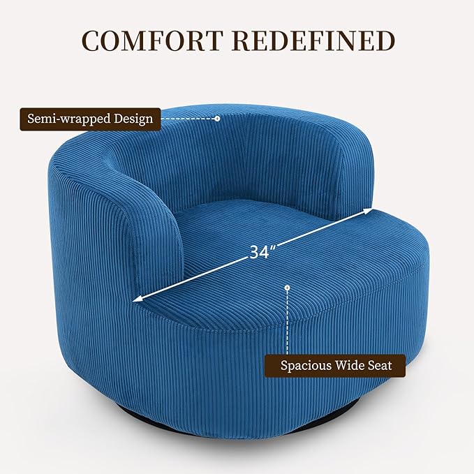 Furnimart 360° Swivel Barrel Accent Chair, Round Upholstered Comfy Lounge Chair, Corduroy High-Resilienc Foam Single Sofa, No Assembly Wide Seat for Living Room, Bedroom, Apartment (Blue)