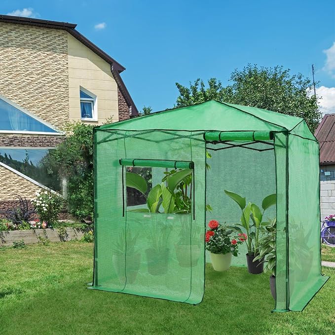 EAGLE PEAK Replacement Cover for 8x6 Portable Walk-in Pop up Greenhouse, Front Roll-Up Zipper Entry Door and 2 Large Roll-Up Side Windows (Frame Not Included), Green