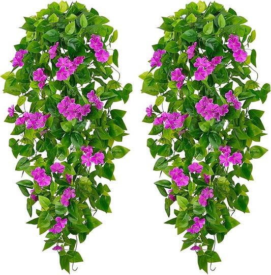 BLEUM CADE Artificial Hanging Flowers for Outdoors, 2pcs Fake Hanging Plants Pothos Vines with Purple Flowers for Wall Home Living Room Indoor Outdoor Decor (No Baskets)
