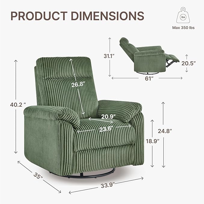 Swivel Rocker Recliner for Adults, Corduroy 360 Degree Swivel Glider Recliner Manual 3-Position Adjustable Easy Assembly for Small Space Living Room Nursery Bedroom