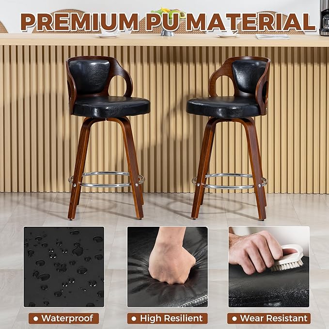 ECOTOUGE Swivel Bar Stools Set of 2, Walnut Faux Leather Counter Height Barstools with Bentwood Back and Footrest, for Dining Room, Kitchen Island and Pub, Black