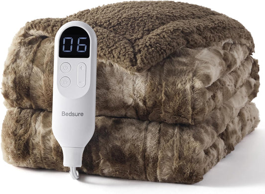 Bedsure Faux Fur Heated Blanket Throw Blanket, Fast Heating Electric Blanket with 6 Heating Levels & 4 Time Settings, Cozy Gifts for Women Men (50x60 inches, Dark Chocolate)