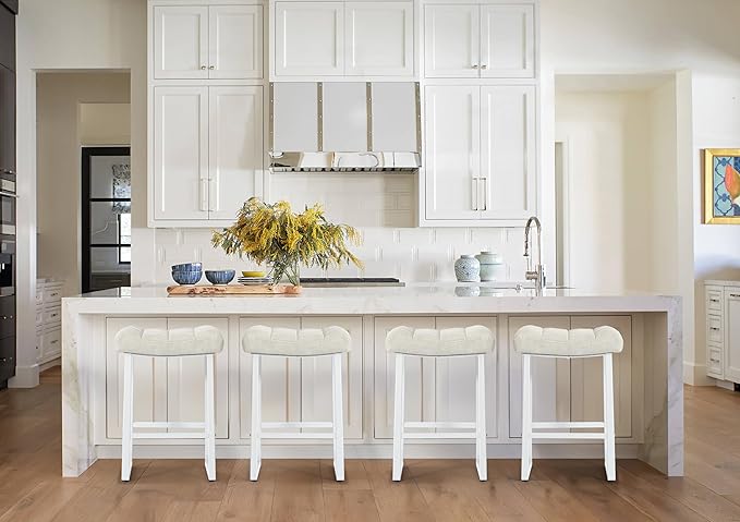 White & Beige Counter Height Bar Stools Set of 3 for Kitchen Counter Modern Backless Barstools with Upholstered Faux Leather Seat and Metal Frame Industrial 24 inch Bar Chairs