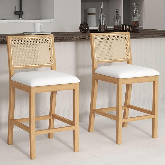 Westice Rattan Bar Stools Set of 2, 26" Farmhouse Counter Height Stools with Natural Rattan Back and Wood Frame, Upholstered Line Fabric Seat Cushion, Wooden Stools for Kitchen Island/Pub, Natural
