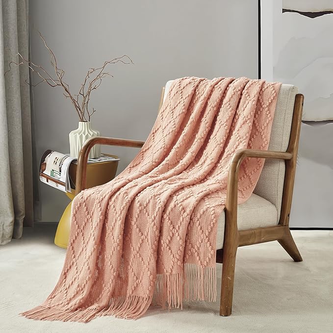 BOURINA Orange Throw Blanket 50 x70 Inches Jacquard Argyle Throw Textured Solid Soft Throws and Blankets for Sofa or Bed Knitted Decorative Blanket