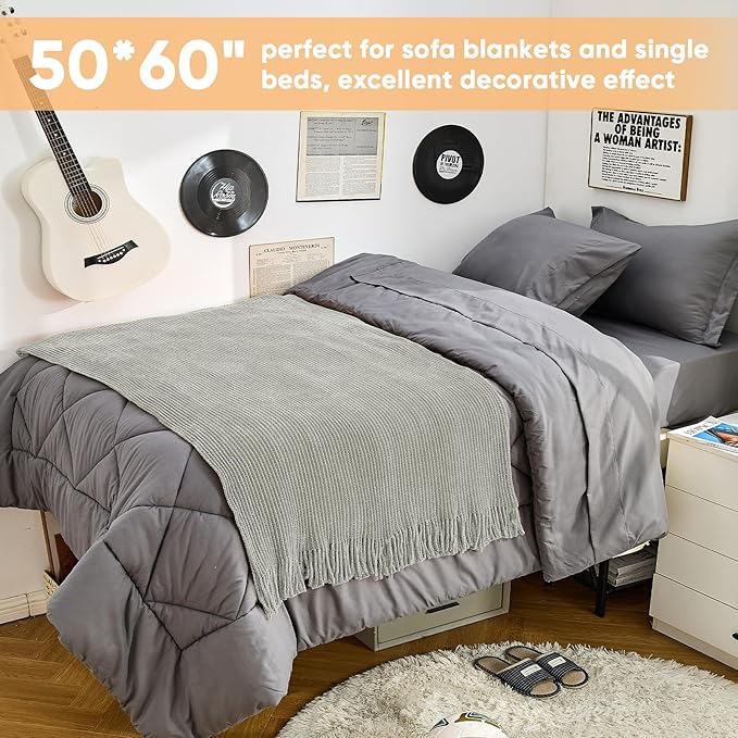 inhand Throw Blanket for Couch Bed,Chunky Chenille Woven Soft Blankets with Tassels,Cozy Boho Farmhouse Fall Winter Decor,Warm for Women,50"x60",Medium Thick-Light Grey