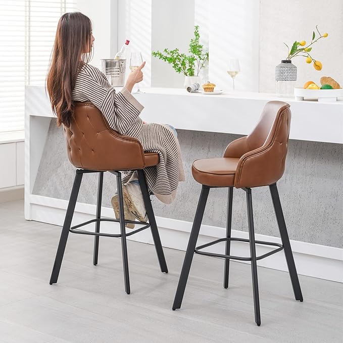 Bar Stools Set of 4, 30" Swivel Bar Height Bar Stools with High Back, Faux Leather Kitchen Bar Chairs Bar Height for Kitchen Island (Dark Brown, 4PCS 30" Bar Stool)