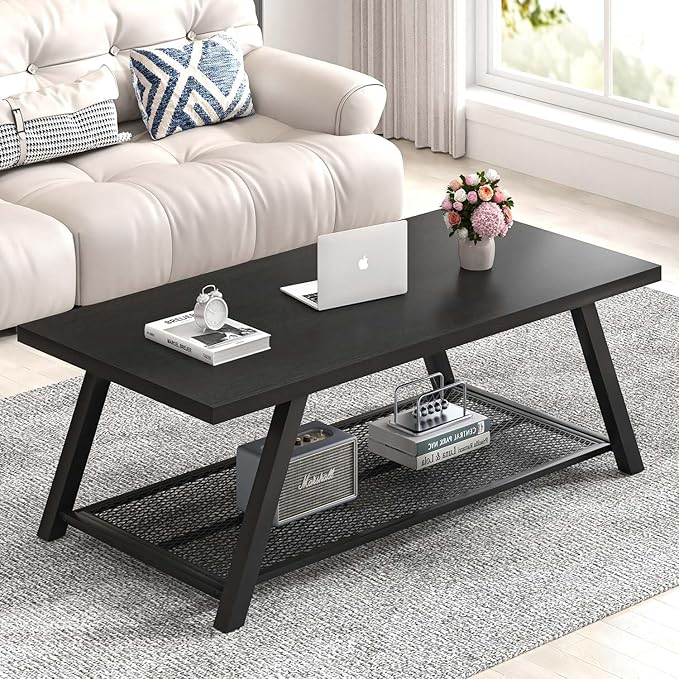 FOLUBAN Black Coffee Table, Modern Rustic Wood and Metal Living Room Table with Storage Shelf, Industrial Rectangle Cocktail Tea Table, 47 Inch
