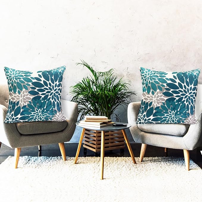 Decorative Throw Pillow Covers Set of 2 Teal Blue Pillow Covers 16x16 Inch Couch Pillow Covers for Sofa Living Room Outdoor Throw Pillow Cover Linen Floral Flower Farmhouse Pillowcase