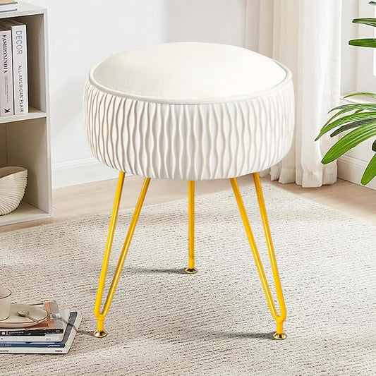 Velvet Vanity Stool Footrests, Round Ottoman Vanity Chairs with Anti-Slip Feet, Dressing Table Seat Foot Stool with Black Legs, Furry Padded Seat Side Table for Makeup Bedroom(White, Golden)