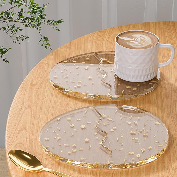 Acrylic Coaster Decorative Plates,2Pcs/Set Office Desk Accessories, Clear Dinosaur Egg Shape Coffee Cup Decor, Perfect for Tabletop Protection and Display.（Gold）