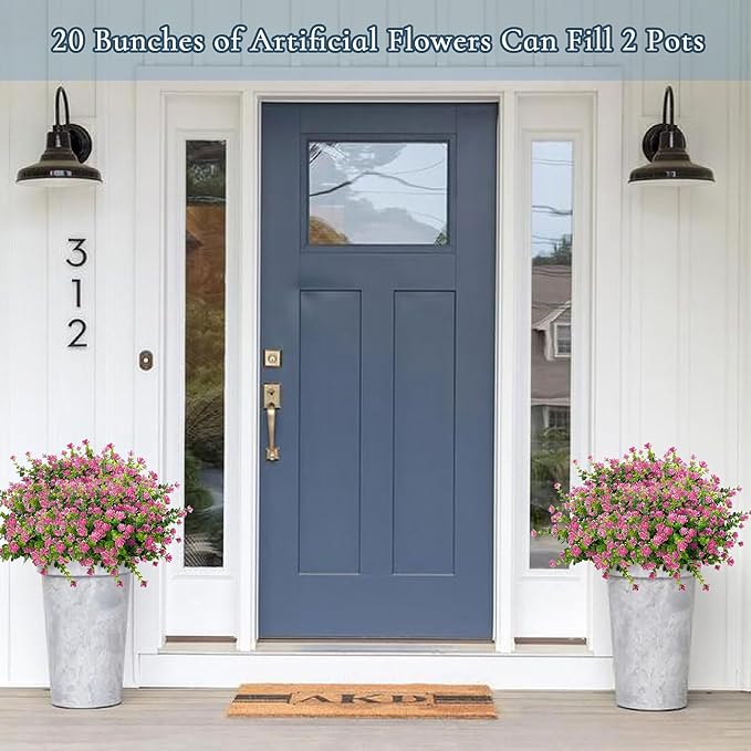 Outdoor Artificial Flowers UV Resistant, 20 Bundles Fake Realistic Floral Greenery Plants for Outside Porch, Window Boxes, Garden, Yard, Inside Home Table Decor, Pink