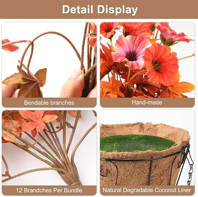 Artificial Flowers Hanging Basket Plants, Fake Petunias Fall Flower for Outdoor Decoration,Realistc Faux Silk Flower UV Resistant for Porch Patio Yard Garden Home Balcony (Double Orange)