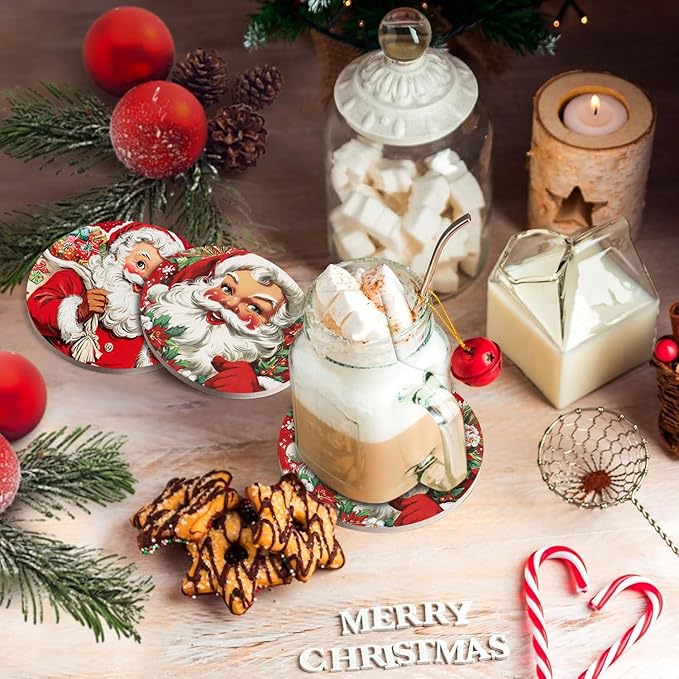 Christmas Absorbent Coasters with Holder Set of 6, Ceramic Stone with Cork Base, Cute Santa Claus Coaster for Drinks, Gift for Housewarming Room Bar Home Decor Kitchen