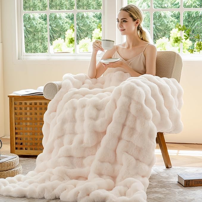 BENVWE Faux Fur Throw Blanket for Couch Bed - Fluffy Soft Thick Bubble Blanket for Living Room Home Decor - Mothers Day Birthday Gifts for Women, Cream White, 63" x 80"