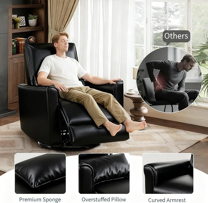 GarveeHome Recliner Chair, 360° Swivel Rocker Glider Nursery Chair with Padded Armrest and Deep Seat, PU Leather Upholstered Reclining Sofa Chair for Living Room, Bedroom and Nursery (Charcoal)