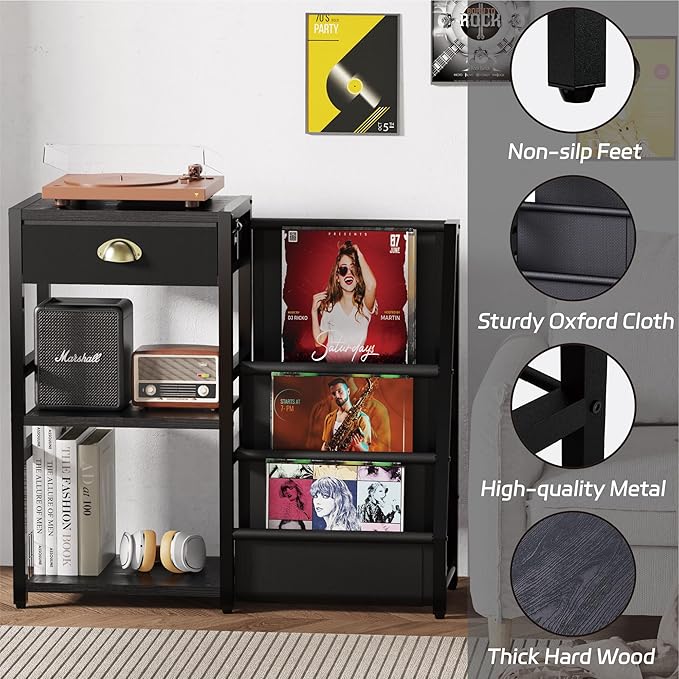 End Table with Vinyl Record Storage - 3 Tier Turntable Stand with Records Holder for Media Stereo Speaker, Amplifiers, Magazines - Rustic Black