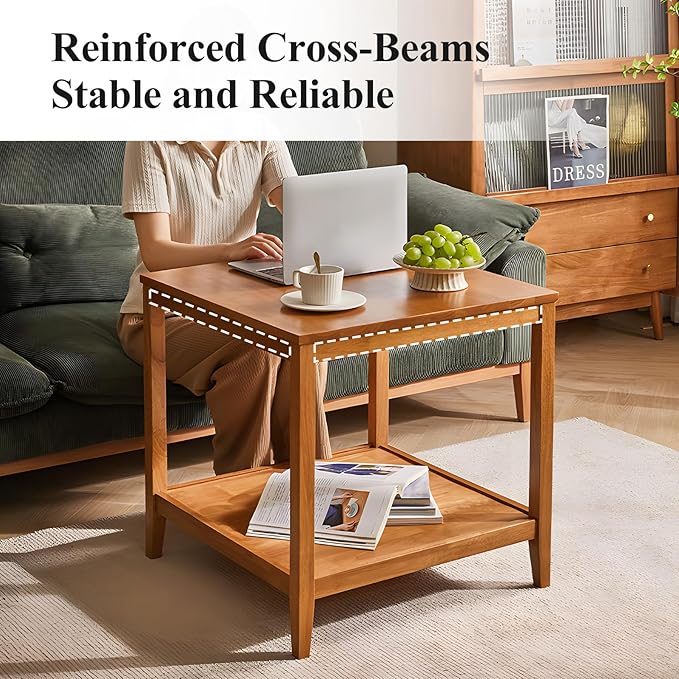 Side Table, Solid Wood Square End Table with Storage Shelf, 2-Tier Coffee Table for Living Room, Rubber Wood Small Sofa Table, Nightstand 23.62 H x 23.62 W x 23.62 D Inches (Natural)
