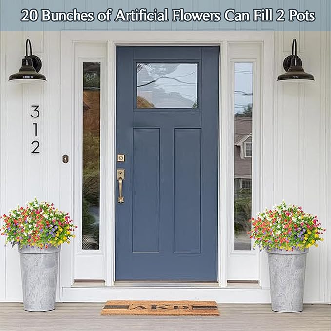 Outdoor Artificial Flowers UV Resistant, 20 Bundles Fake Realistic Floral Greenery Plants for Outside Porch, Window Boxes, Garden, Yard, Inside Home Table Decor,MixcolorD