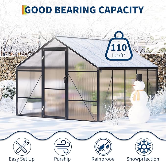 8 x 10 FT Greenhouse, Greenhouses for Outside, Polycarbonate Greenhouse with Aluminum Frame, Lockable Door and Ajustable Roof Vent for Backyard, Green Houses for Outside Garden Backyard, Patio