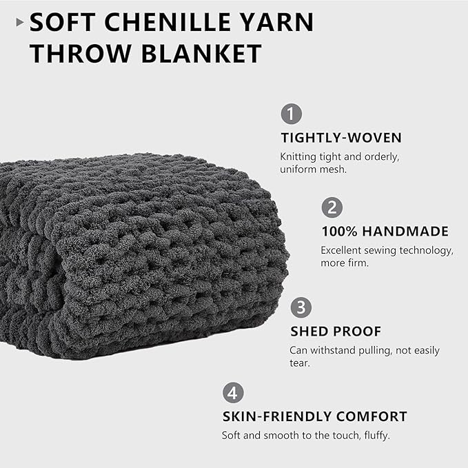 L'AGRATY Chunky Knit Blanket Throw - Soft Chunky Throw Blanket 50x60: 100% Hand Kintted Chenile Crochet Throw Blanket for Couch - Large Cable Knit Chunky Blanket for Home Decor(Dark Grey)