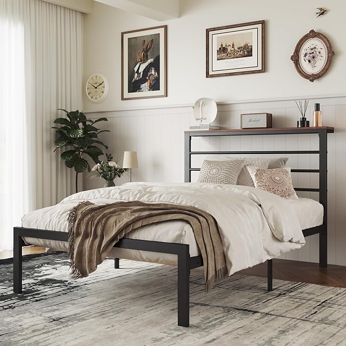 MUTICOR Heavy-Duty Twin Metal Platform Bed Frame with Shelf Headboard, No Box Spring Needed, Easy Assembly, Brown Shelf