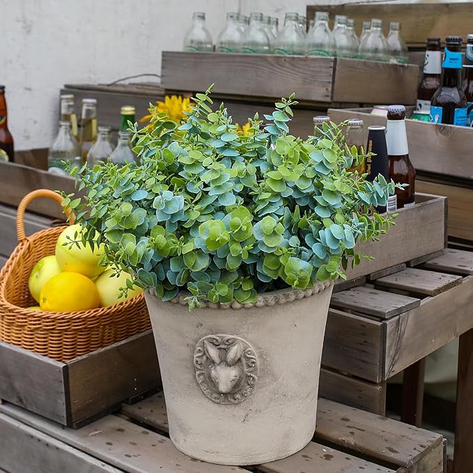 Artificial Fall Eucalyptus Plant – 8PCS Outdoor Fake Greenery, UV Resistant Fake Plants for Porch, Patio, Thanksgiving or Autumn Home Decor - Dusty Green Leaves