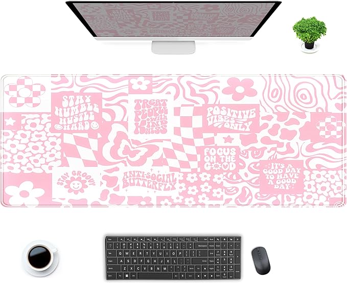 Pink Boho Desk Pad XL Large Gaming Mouse Pad Retro Hippie Boho Desk Mat with Stitched Edges, Non-Slip Rubber Base Mousepad Computer Laptop Keyboard Mouse Mat Desktop Protector Pad 31.5x11.8 in
