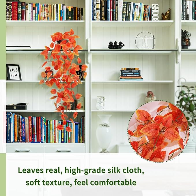 LOYWREE Small Artificial Plants Hanging Potted Fall Foliage - Orange Faux Ivy Vine & Pothos for Shelves. Ideal for Home, Office, Indoor & Outdoor Gardens (Black Pot)