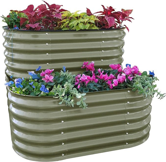 Vego garden Cascading Raised Garden Planter Box Outdoor Metal Galvanized Gardening Bed for Vegetables Herb & Flower, Olive Green