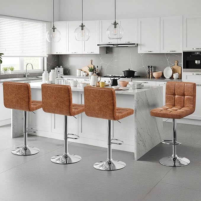 Yaheetech Bar Stools Set of 4, PU Leather Swivel Barstools, Height Adjustable Counter Chairs, Modern Stools with Back for Bar Kitchen Island Dining Room, Retro Brown
