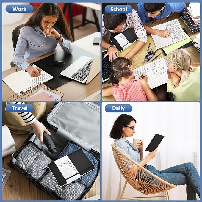 6 Pack Black Lined Hardcover Journal Notebook with 200 Pages, 8×5.7in, A5 journal Notebook, Journaling Notebooks for Work, School, Office,Women, Men, College Ruled Notebook, Hardcover Leather Journals