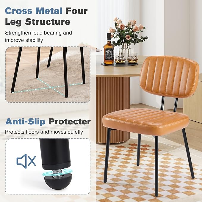 DUMOS Dining Chairs Set of 4, Upholstered Mid-Century PU Leather Accent Chair with Backrest and Metal Legs for Kitchen, Living Room, Brown