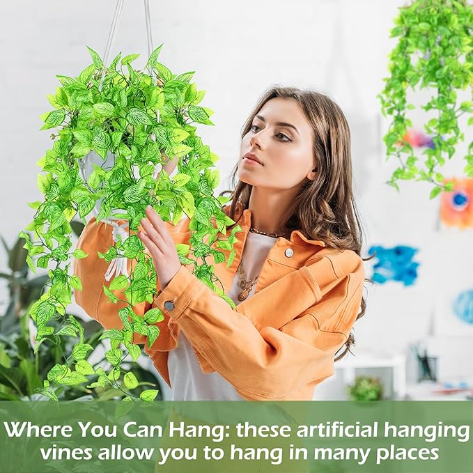 Hoteam 12 Pcs Artificial Hanging Plants 32 Inch Fake Ivy Vines with Fake Leaves Patio Artificial Plants Greenery for Living Room Indoor Outdoor Wall, No Basket (Marble Queen Pothos)