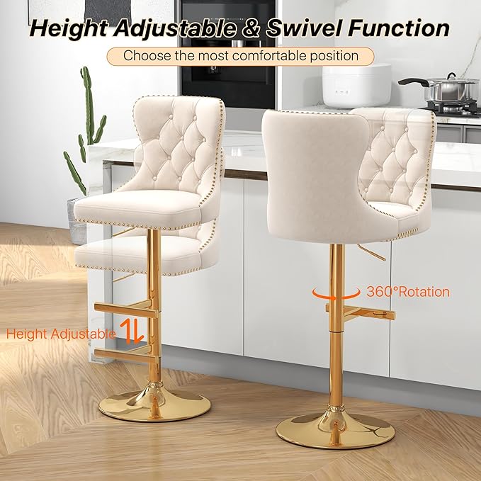 Bar Stools Set of 2, Velvet Swivel Counter Height Stools with Tufted Back, Adjustable Seat with Nailheads Trim, Upholstered Bar Chairs with Gold Base for Kitchen Island, Pub, Beige